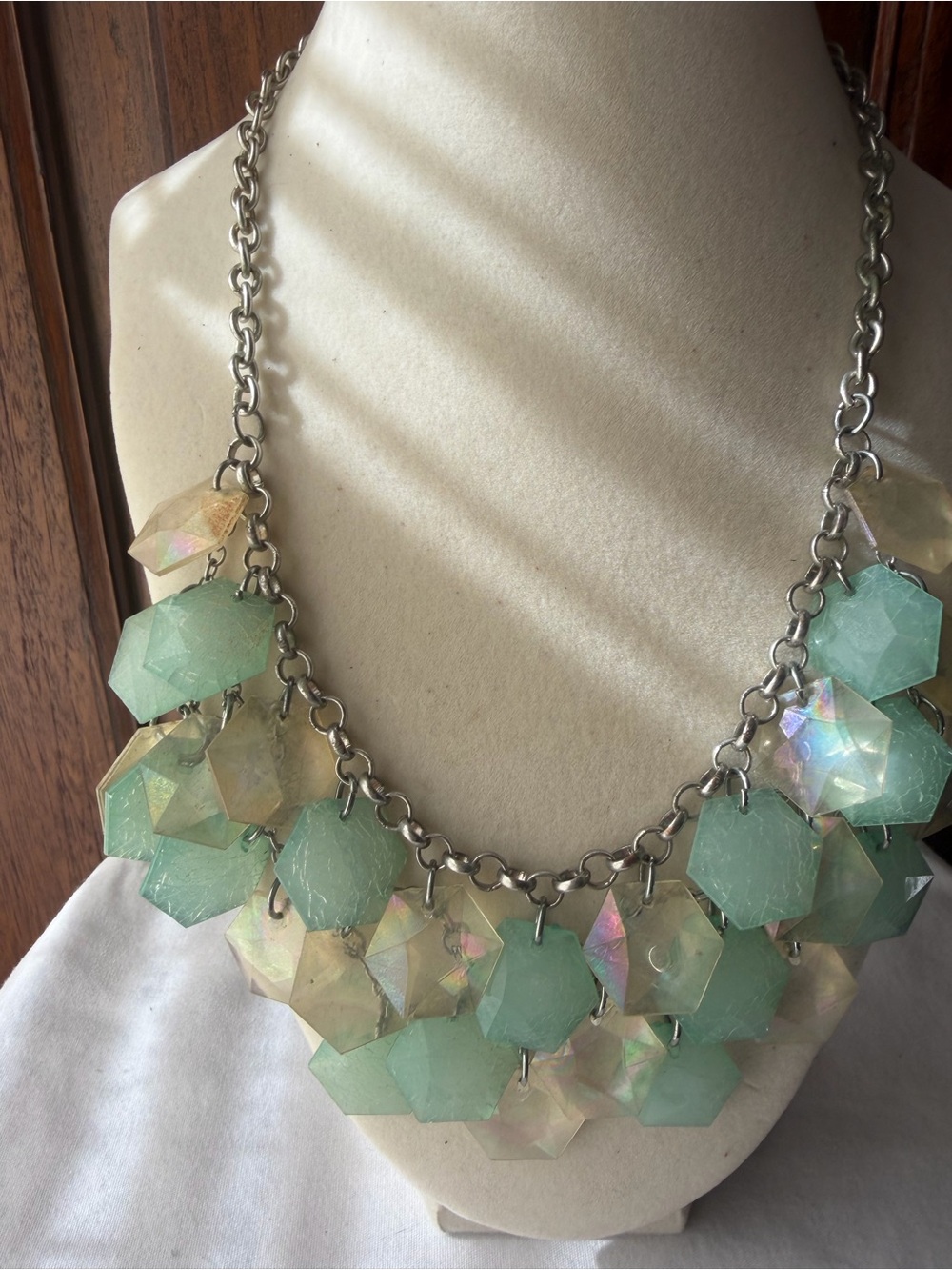 Mint Green Iridescent Geometric Statement  Acrylic Bib Necklace